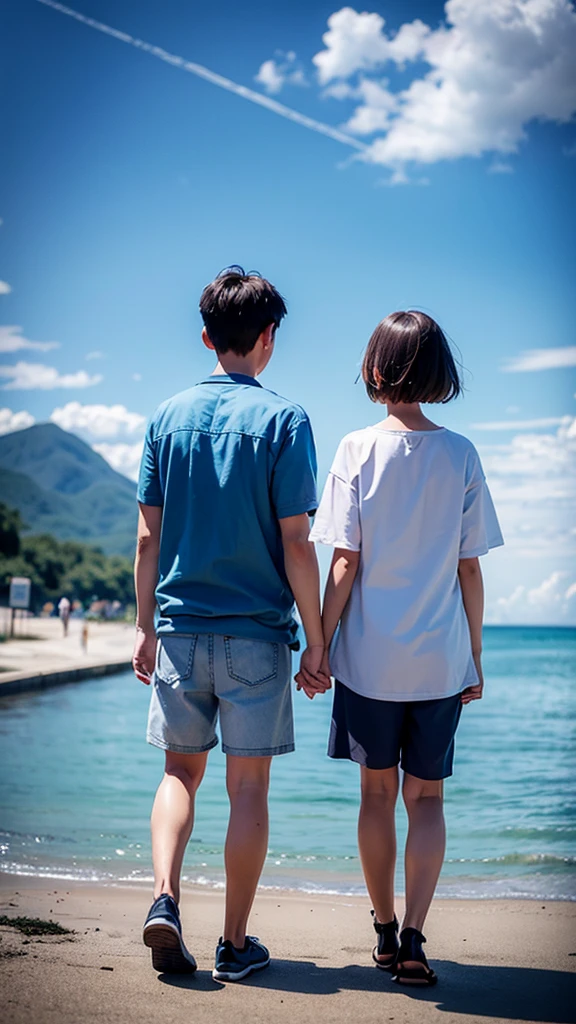 Clear skies、A boy and a girl holding hands in the distance