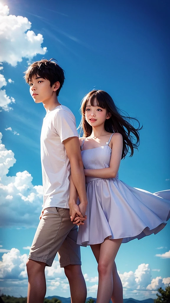 Clear skies、A boy and a girl holding hands in the distance