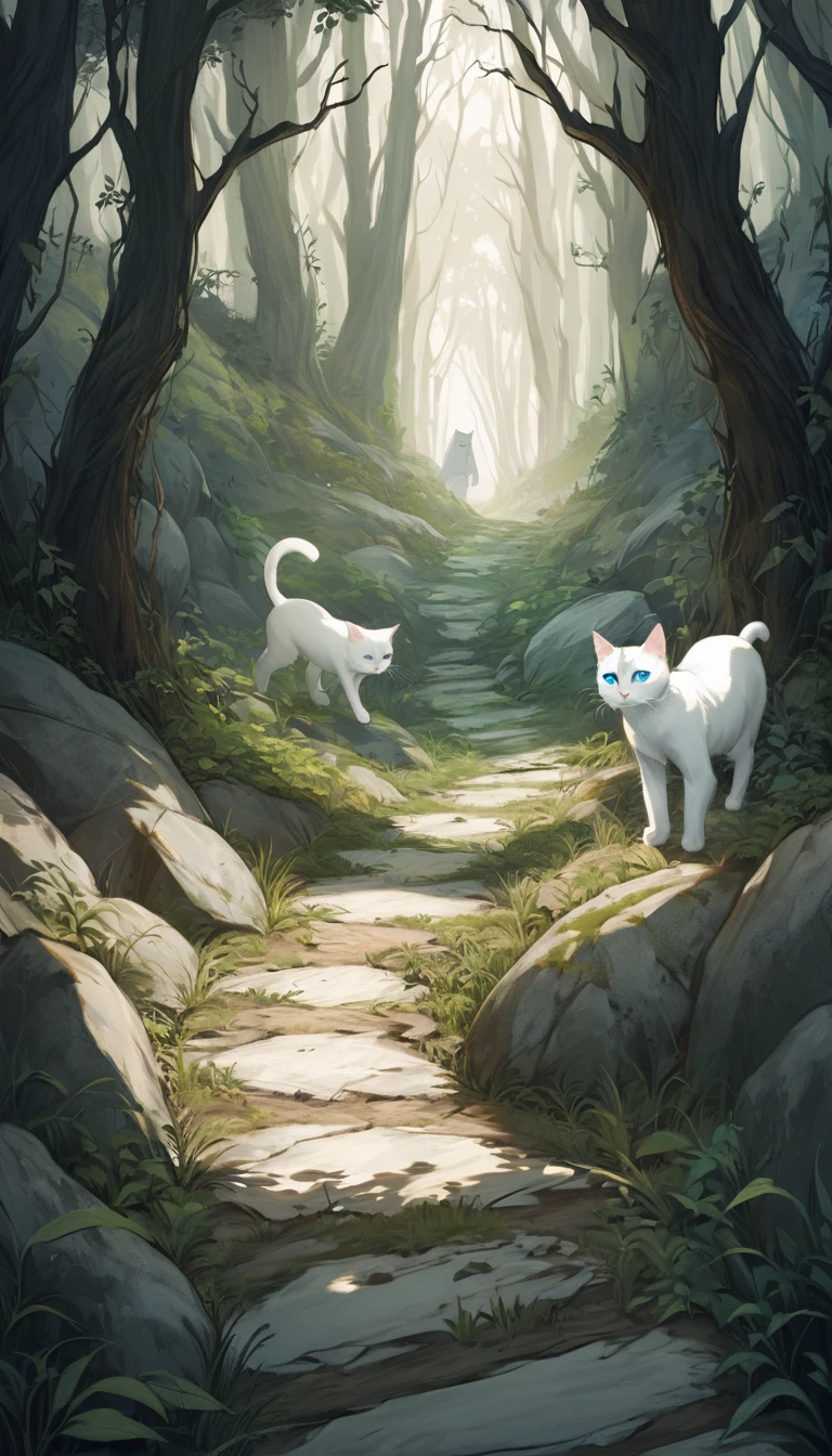 Milk, the white cat with blue eyes, is standing at a crossroads in the forest, looking confused and determined. The paths are rugged and overgrown, with one path leading deeper into the dark forest and the other leading up a steep, rocky hill. The scene is detailed with natural elements, showcasing the difficulty of the journey. The colors are a mix of earthy tones and shadows, creating a sense of challenge.