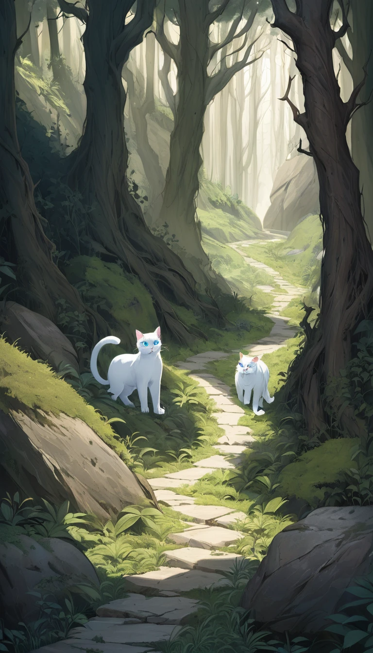 Milk, the white cat with blue eyes, is standing at a crossroads in the forest, looking confused and determined. The paths are rugged and overgrown, with one path leading deeper into the dark forest and the other leading up a steep, rocky hill. The scene is detailed with natural elements, showcasing the difficulty of the journey. The colors are a mix of earthy tones and shadows, creating a sense of challenge.