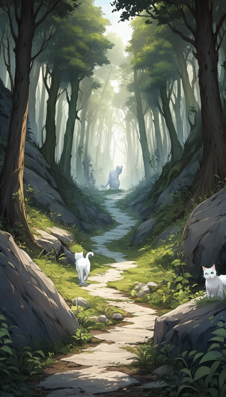 Milk, the white cat with blue eyes, is standing at a crossroads in the forest, looking confused and determined. The paths are rugged and overgrown, with one path leading deeper into the dark forest and the other leading up a steep, rocky hill. The scene is detailed with natural elements, showcasing the difficulty of the journey. The colors are a mix of earthy tones and shadows, creating a sense of challenge.