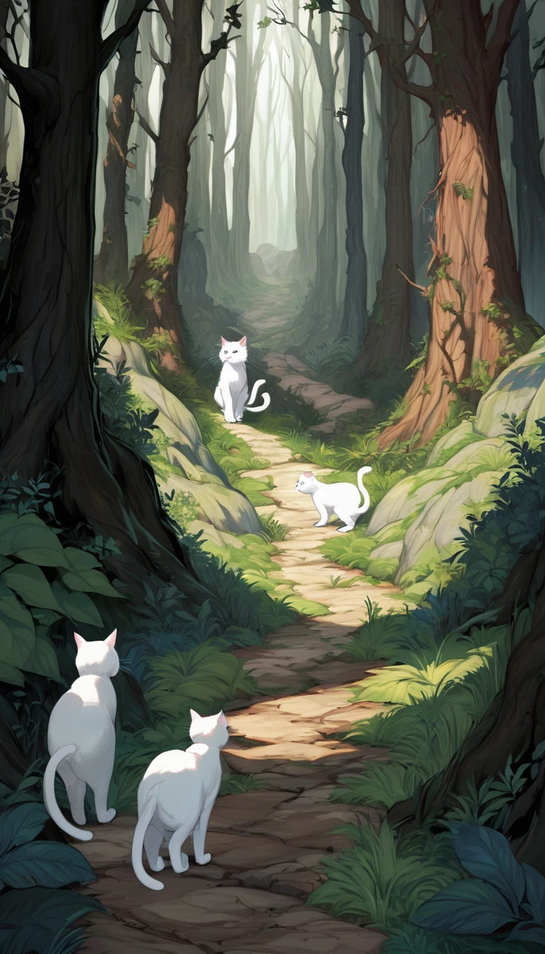 Milk, the white cat with blue eyes, is standing at a crossroads in the forest, looking confused and determined. The paths are rugged and overgrown, with one path leading deeper into the dark forest and the other leading up a steep, rocky hill. The scene is detailed with natural elements, showcasing the difficulty of the journey. The colors are a mix of earthy tones and shadows, creating a sense of challenge.