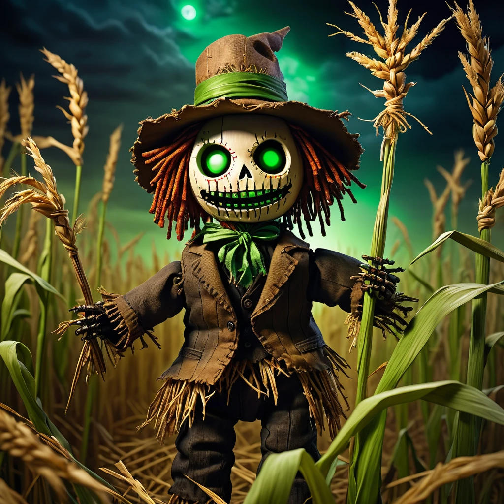 (knitted toy voodoo doll:1.5), (Voodoo Nightmare Scarecrow:1.3), (Clothing: torn, straw-filled clothes with eerie patterns:1.0), (Accessories: enchanted sickle emitting a sickly green glow, floating crows:1.1), (background: dark, haunted cornfield with twisted stalks, whispering winds, and an atmosphere of agricultural dread:1.2), best quality, masterpiece, detailed soft oil painting, detailed background, dramatic cinematic lighting, soft edge lighting, professional, dramatic lighting, hard edge lighting, ultra quality, 4k, masterpiece, best quality, 8k, ultra high definition, high resolution, extremely detailed