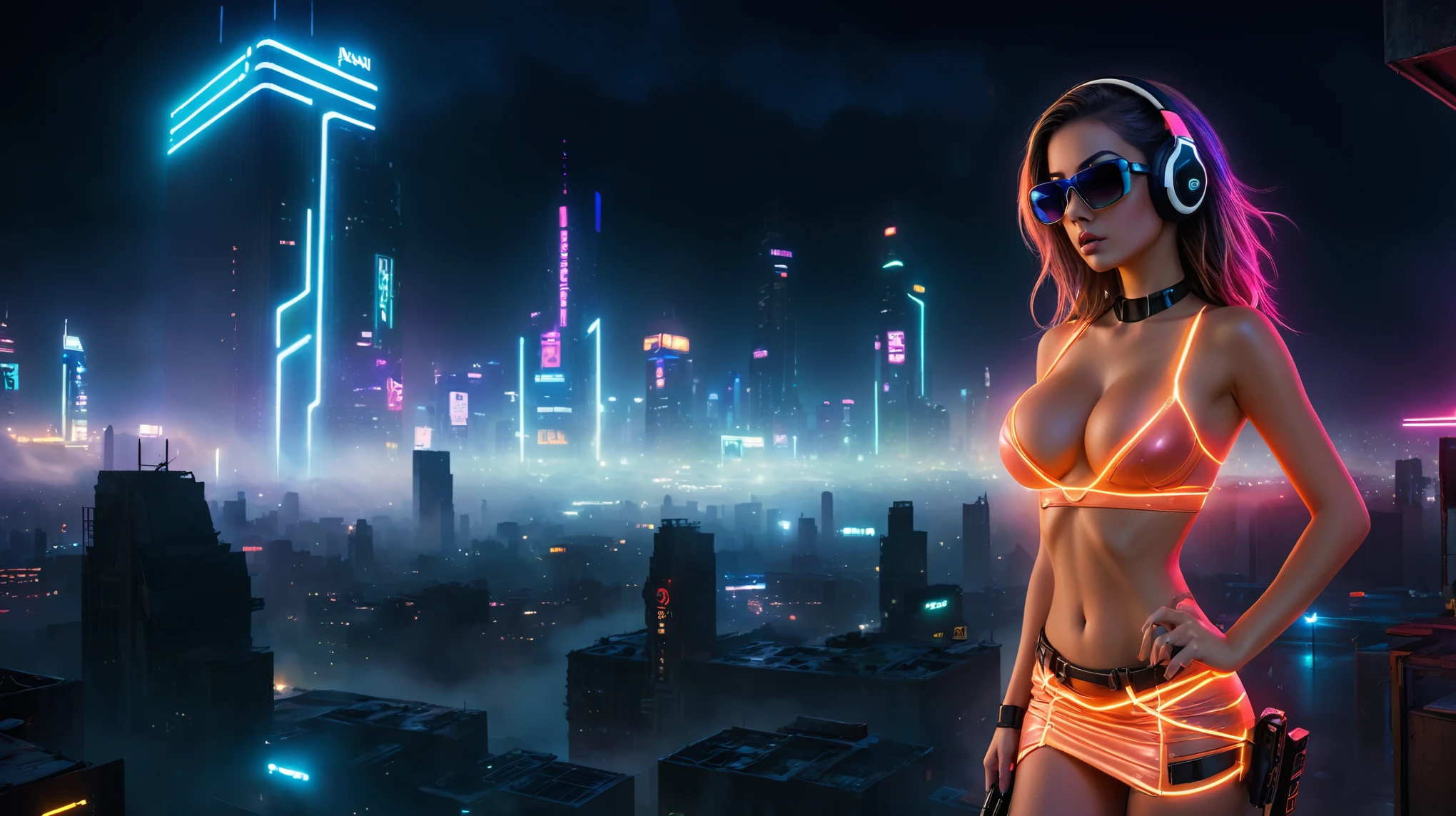 dark futuristic landscape, at night, neon lights, Atmospheric fog, large buildings in the background, futuristic city, streets with open shops, skyscraper (postapocalyptic city:1.3). (((1girl, solo, alone))), large-breast:1.2 slim body, cleavage:1.1, sexy miniskirt, (((headphone, black sunglasses, standing and holding pistol pose))), (((half-body thigh level medium shot))), cinematic lighting, lens flare, ray tracing.