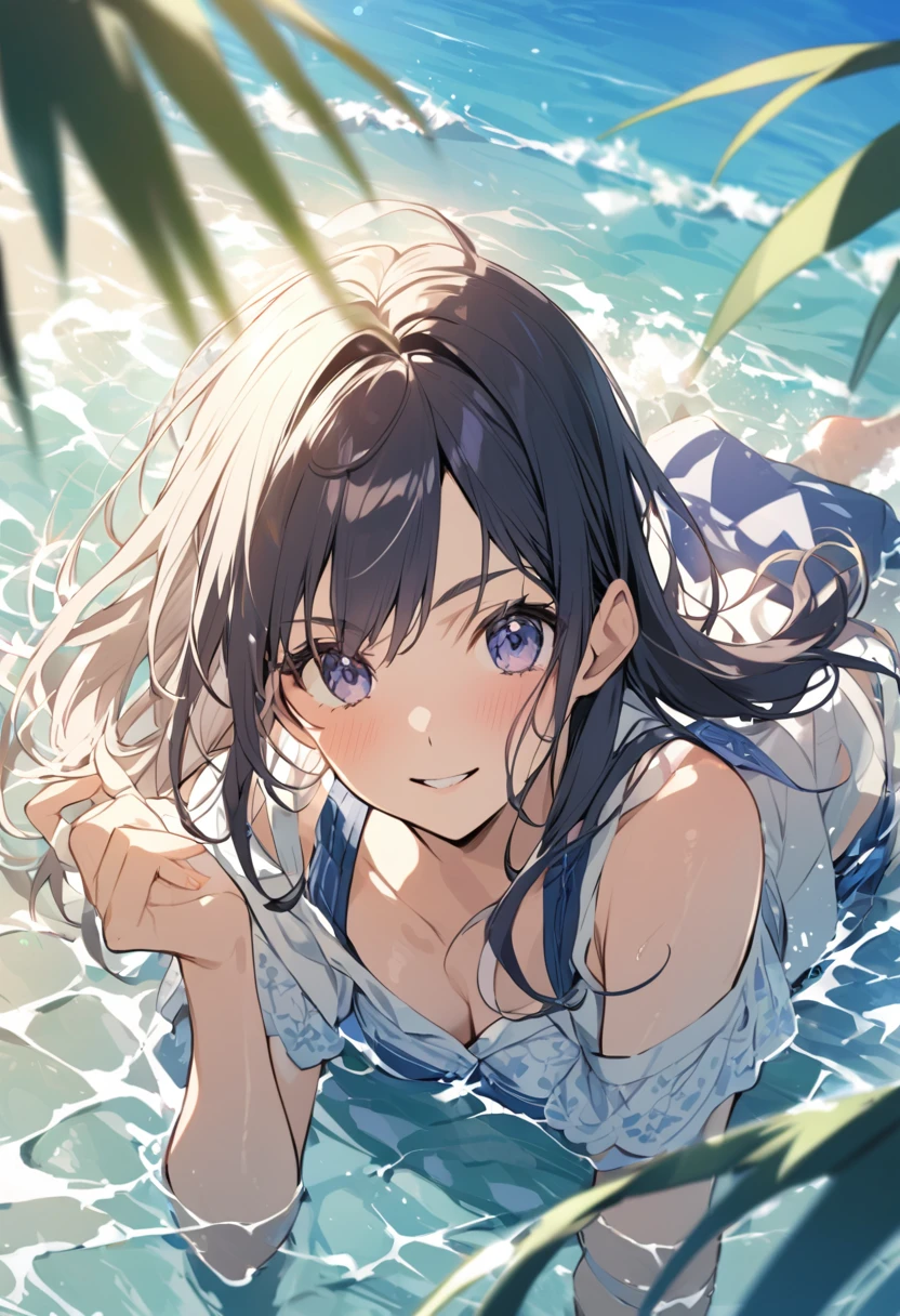 Summer daytime、At the beach where the sunlight is dazzling、A girl in a bikini is having fun splashing around in the ocean。Splash rises、She is smiling and has her eyes closed。The sunlight reflects off the water surface, making it sparkle、It makes her smile even more。With the sound of the waves resonating pleasantly、Summer fun is unfolding。The scene is、As beautiful as a painting。