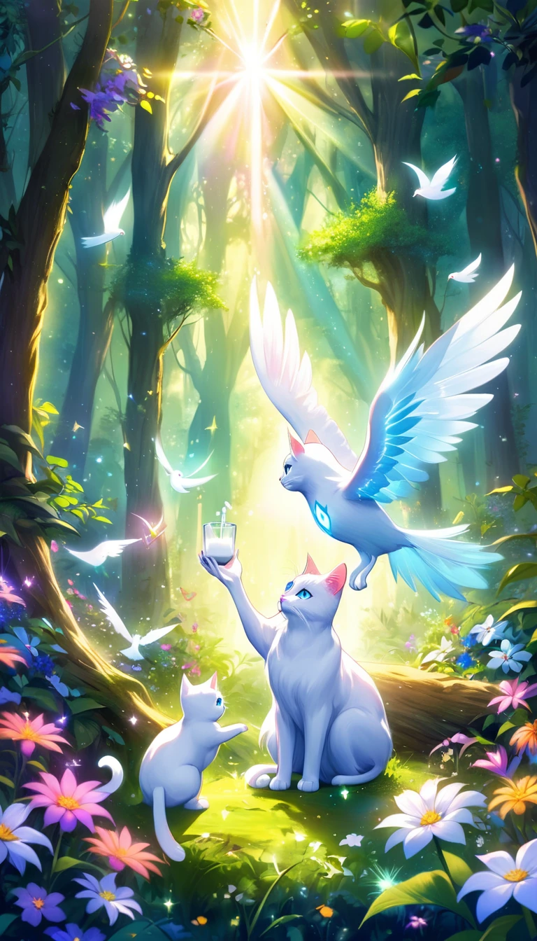 Milk, the white cat with blue eyes, meets a magical, glowing bird in a mystical forest clearing. The bird is radiant with vibrant colors and emits a soft light. The clearing is surrounded by lush greenery and sparkling flowers. The scene is enchanting and magical, with bright, mystical colors highlighting the magical encounter.