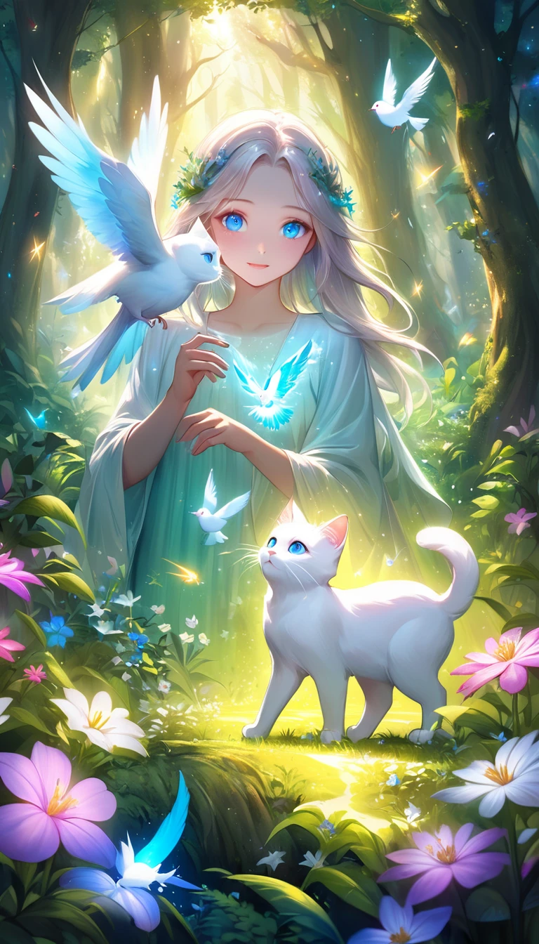 Milk, the white cat with blue eyes, meets a magical, glowing bird in a mystical forest clearing. The bird is radiant with vibrant colors and emits a soft light. The clearing is surrounded by lush greenery and sparkling flowers. The scene is enchanting and magical, with bright, mystical colors highlighting the magical encounter.