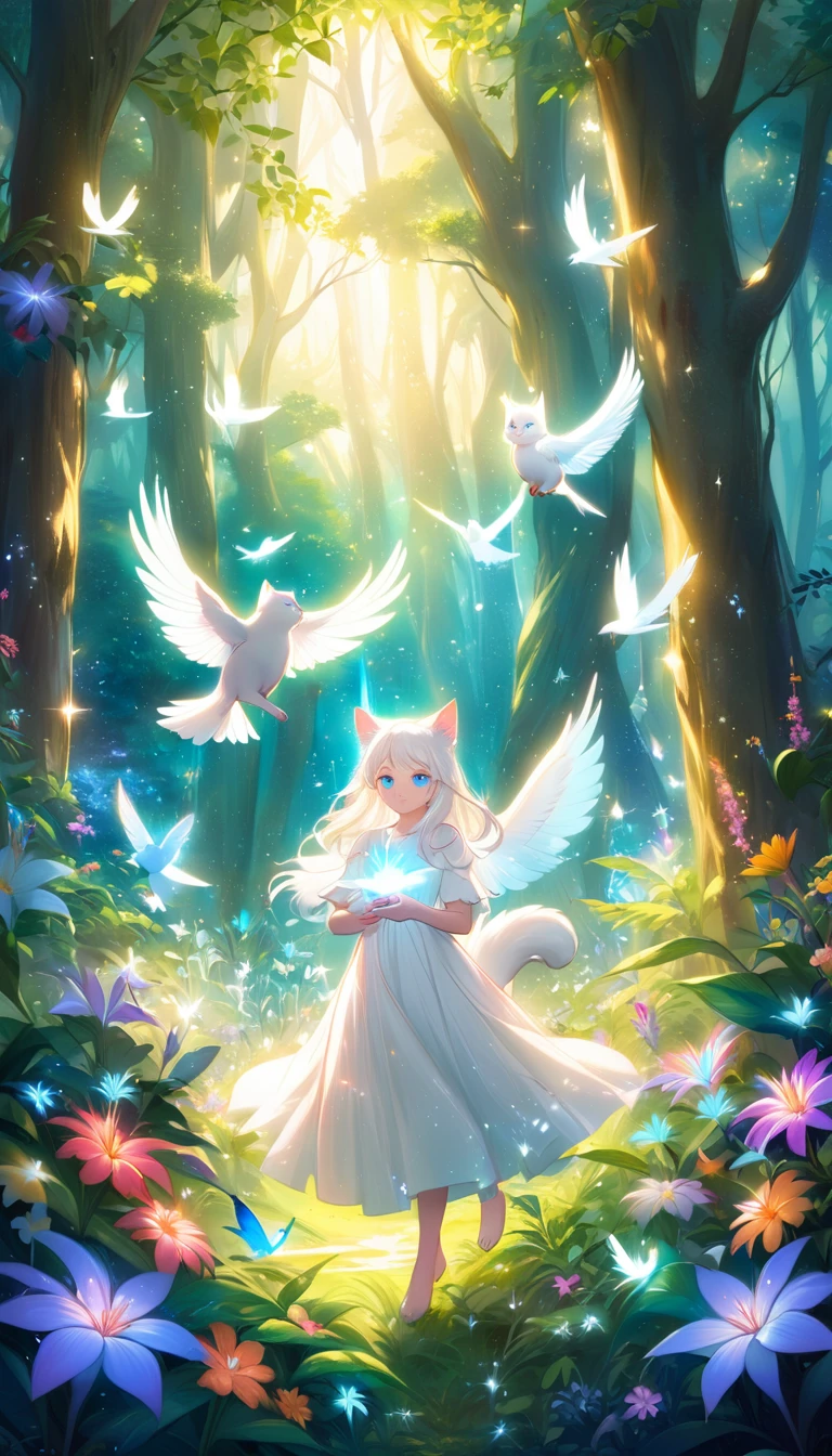 Milk, the white cat with blue eyes, meets a magical, glowing bird in a mystical forest clearing. The bird is radiant with vibrant colors and emits a soft light. The clearing is surrounded by lush greenery and sparkling flowers. The scene is enchanting and magical, with bright, mystical colors highlighting the magical encounter.
