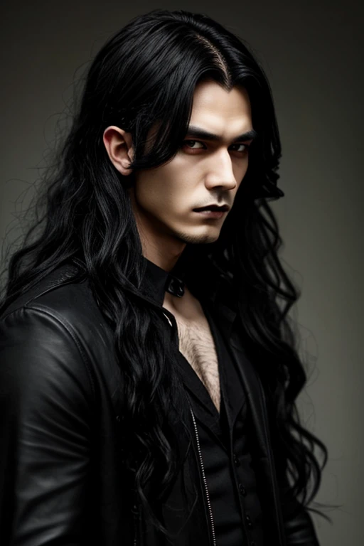 vampire, long black wavy hair, male, tan, hazel eyes, gloomy, goth, sangpaku eyes