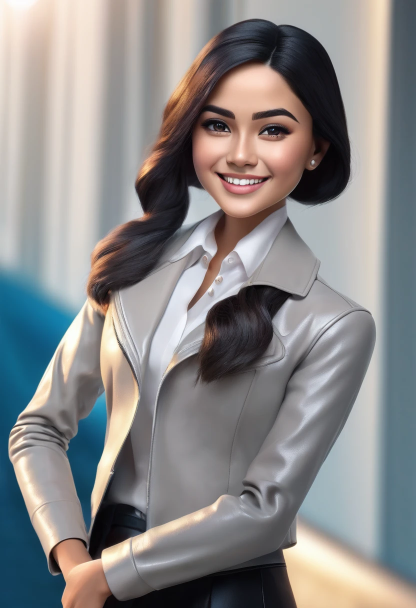 Create cartoonish caricature 3D animation with a big head. a 19 year old Indonesian woman. She wearing muslimah clothes. Her face is oval-shaped with smooth lines, thick and neat black eyebrows, normal eyes, a small pointed nose, and thin lips with a wide, friendly smile. She is wearing a light grey leather jacket over a white blouse. Gradient blue background with professional lighting. masterpiece, top quality, skin and face very detailed, ultra-realistic, high definition, studio lighting, sharp focus, body angle 2/3, Concept Art, 3D render.