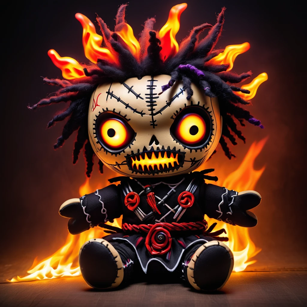 (knitted toy voodoo doll:1.7), (Voodoo Hell Boar:1.3), (Clothing: bristly fur with glowing ember eyes:1.0), (Accessories: enchanted spiked tusks, glowing infernal chains, mystical fire aura:1.2), (background: fiery pit with floating, glowing embers and dark smoke:1.2), best quality, masterpiece, detailed soft oil painting, detailed background, dramatic cinematic lighting, soft edge lighting, professional, dramatic lighting, hard edge lighting, ultra quality, 4k,masterpiece, best quality, 8k, ultra highres, highres, extremely detailed