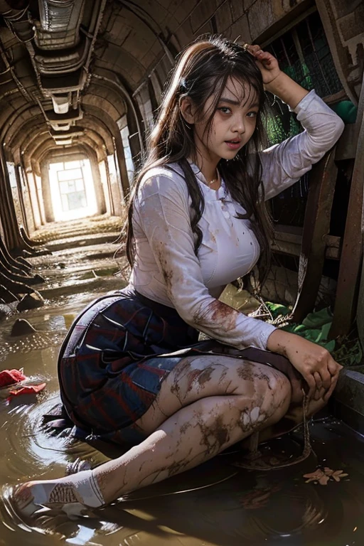 dirty white Pantyhose , School shoes, dirty white socks , waistband of skirt is at the point above chest , school girl big breast , red knot , red bow , skirt dark red , plaid skirt , pleated skirt , dirty white Shirt , realisitic、top-quality、crisp photos、((Brick underground tunnel、Foul-smelling sewer、Littered with filth、Sewage channels full of feces、a lot of garbage and junk、The dirtiest sewer))、Bricks are covered with moss、((beautiful a girl、Constricted waist、Neat face、Most beautiful face、Elaborate face、dense dirty brown hair、Refreshing look、Pleasant look、Happy expression、Joy covered in filth、Glad to get dirty))、(dirty school girl uniform、Tangier、brawn hair)、((long and beautiful legs are dirty、Lying face down on filth、Girl with beautiful ass、Scoop out filth with both hands、Beautiful girl's hair is covered in mud、The joy of lying in dirty sewage))、(((I want to smear filth all over my body.、A large amount of sewage flows down the head、The whole body is full of filth、Stick out your buttocks and open your legs、a large amount of dirty garbage and waste,,、Heaps of garbage)) , zombies , rotungwoka person , twin tails hair , wet white shirt , wet and sweaty , Nipples can be seen through