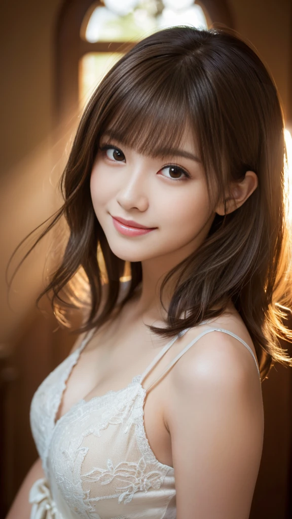 (Highest quality,8K quality,masterpiece:1.3),(Ultra-high resolution,Realistic:1.4,Live Shooting),(Very detailed,Caustics),(Ultra-Realistic Capture,Beautiful and detailed skin),19 years old,Beautiful Japanese, Medium Hair, Messy Hair, Asymmetrical bangs, Brown Hair, I'm looking at the camera with a smile on my face,Soft Light,A ray of light shining from above,Natural light,
