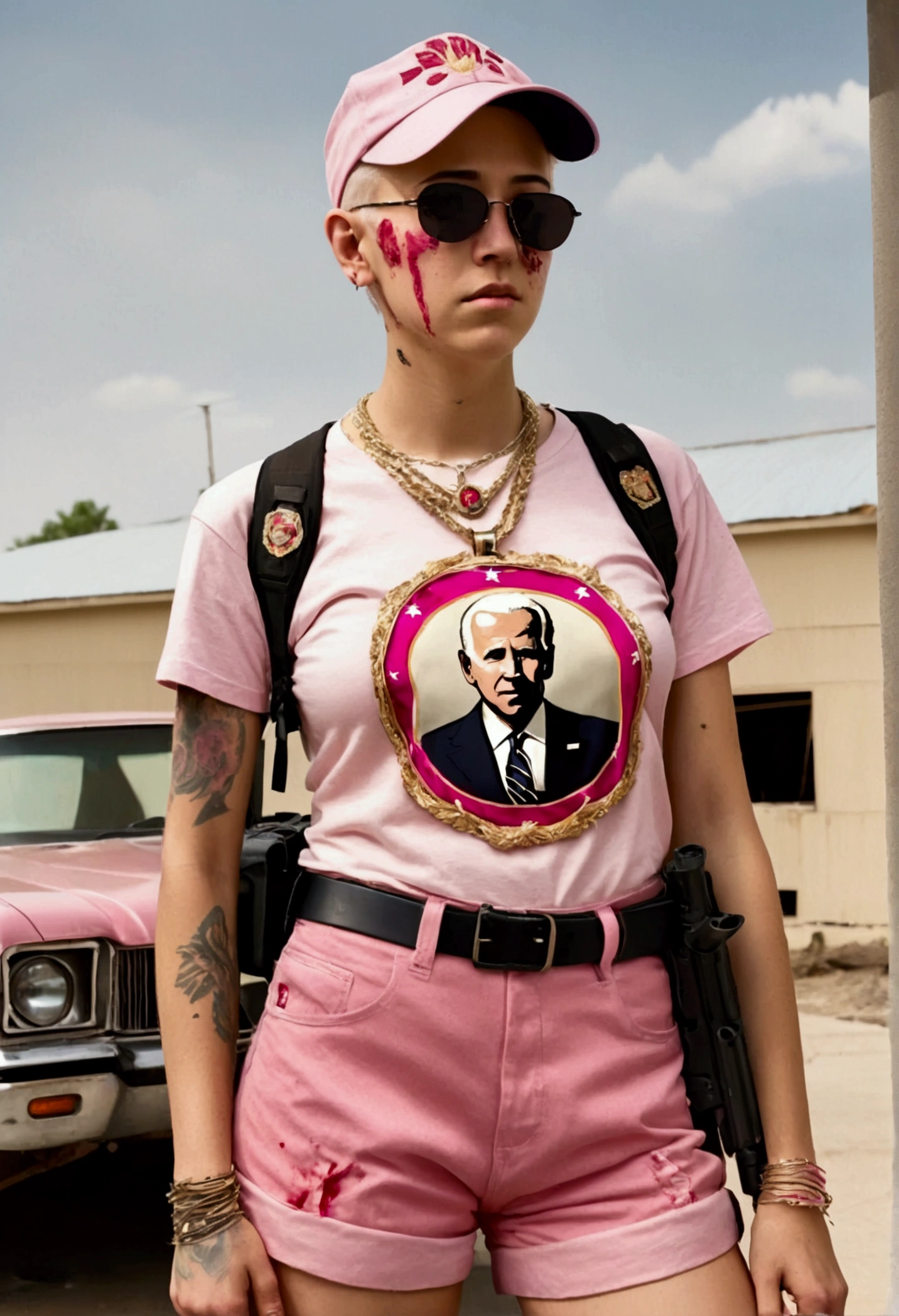 (a 20 year old femboy, short haircut, communist necklace, Joe Biden TShirt, pink panties showing over low rider pants, Sniper rifle) has been shot dead on a white roof, multiple bloody gunshots, blood pools around