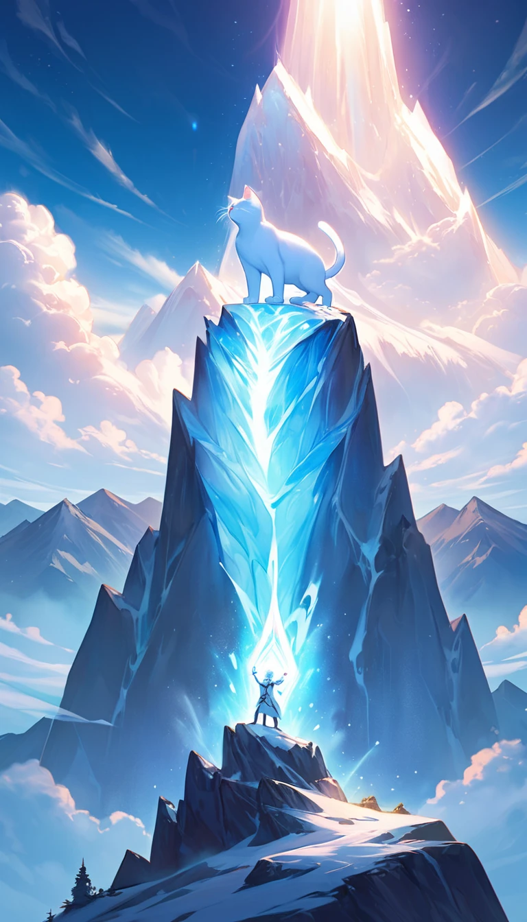 Milk, the white cat with blue eyes, is standing triumphantly on the peak of a mountain, holding a glowing, magical stone. The sky is clear and blue, with clouds below the peak, creating a sense of height and accomplishment. The scene is bright and uplifting, with the magical stone emitting a soft, powerful glow.