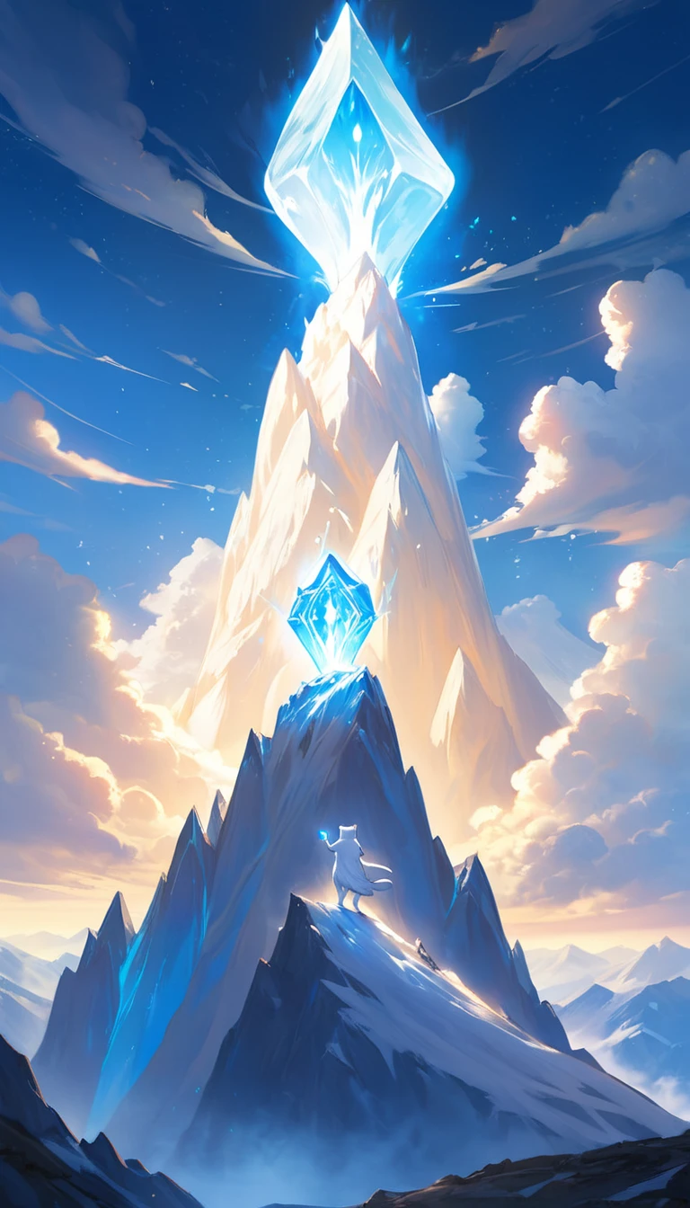 Milk, the white cat with blue eyes, is standing triumphantly on the peak of a mountain, holding a glowing, magical stone. The sky is clear and blue, with clouds below the peak, creating a sense of height and accomplishment. The scene is bright and uplifting, with the magical stone emitting a soft, powerful glow.