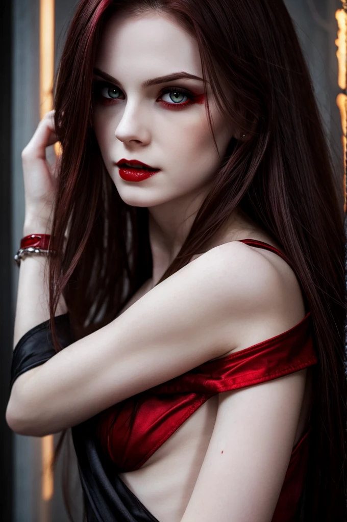 female, beautiful vampire, pale skin, fire eyes, holding her left arm out, blood pouring down from her wrist