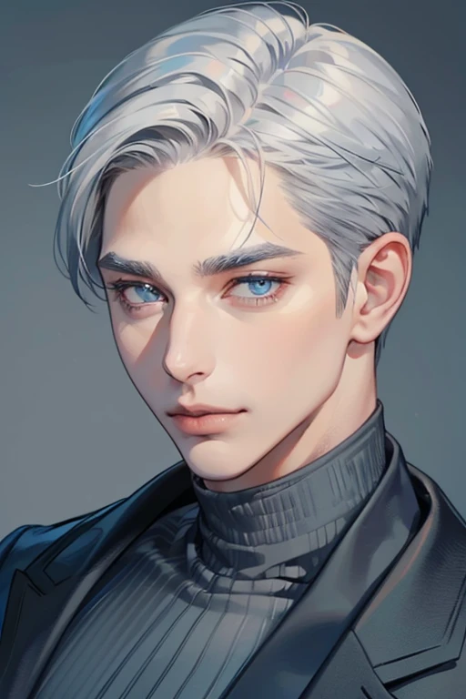 masterpiece, best quality, 1man, mature male, quiet and charming young man, 35 year old, closed mouth, portrait, extremely detailed face, closed mouth, lips nude ((blue carolina eyes)), ((short-gray silver hair)), [thick eyebrows], handsome, half body, with black Turtleneck shirt, look at camera, 