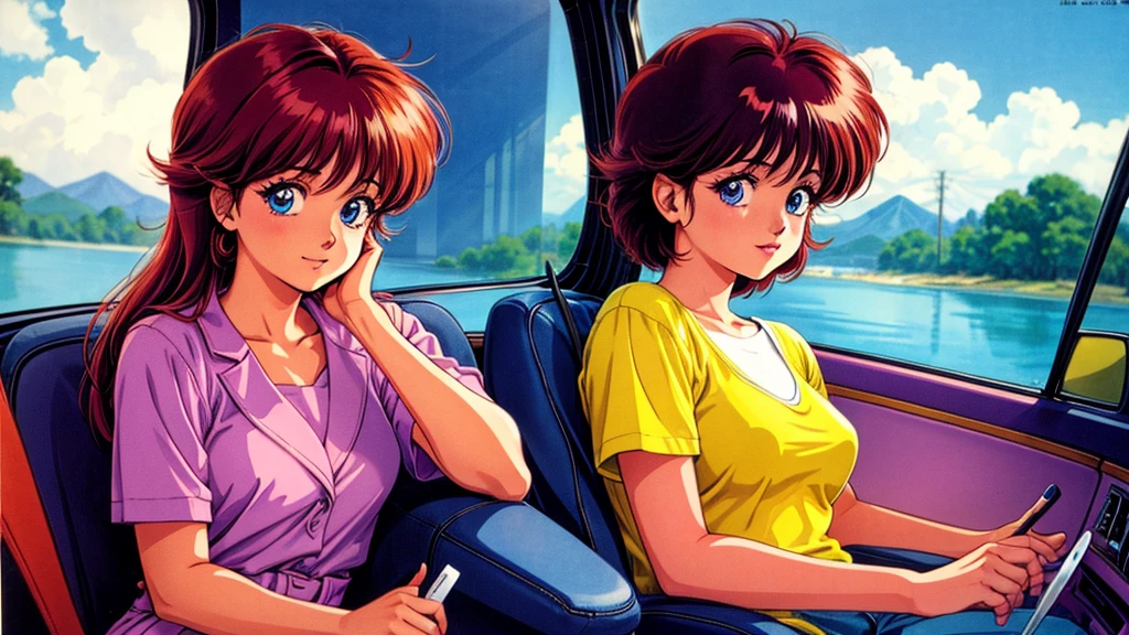 One Woman、sitting in the passenger seat of a car、80Retro anime style of the 1980s、Vivid colors、Image of a woman from inside a car、Very cute woman、