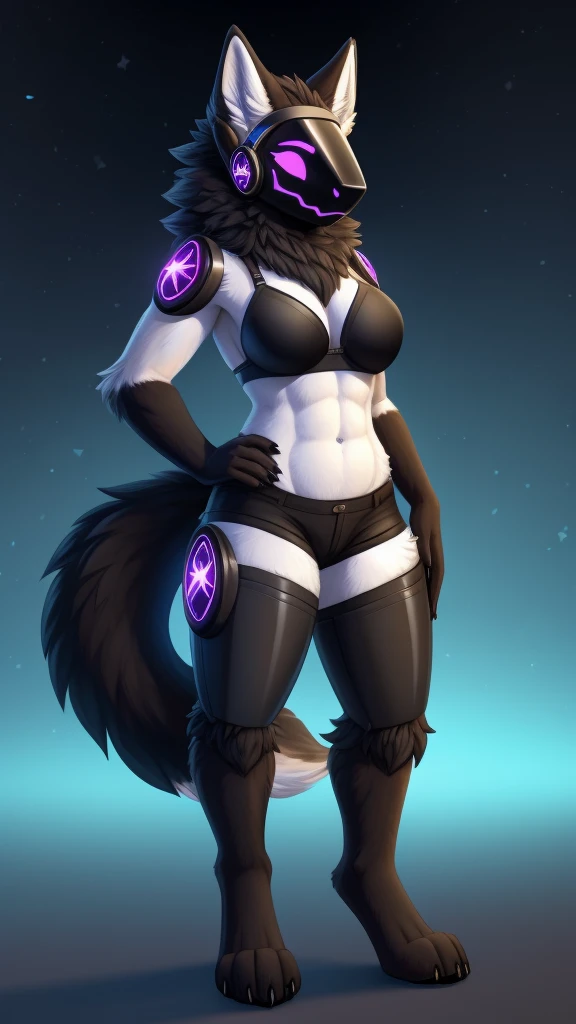 Furry wolf protogen female anthropomorphic mediumbreast size wearing a black bra and black shorts long wolf tail full body 