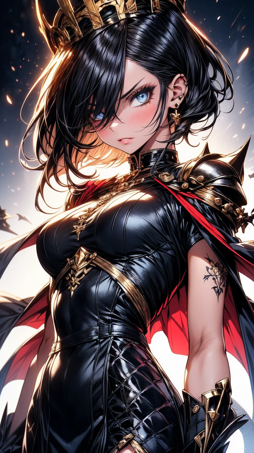Generate an image of a woman with short black hair with blue highlights, sky-blue eyes with black makeup, and lips painted in soft red. She is wearing a black half-armor on the upper part and a black dress with a side slit at the lower part of her body. Her skin is fair with tattoos on her hip. She wears black heels with scales and a crown of black and shorts spikes with golden details. Additionally, she wears a blue cape with black and golden embroidery. She is located in a gallery with tall black columns and a dark background, brightly illuminated, with a somewhat angry expression, pose like queen