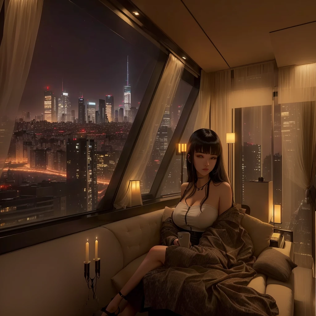 Panoramic view of the living room,Large windows overlooking the city, Relaxation time. Nice scenery, Luxurious environment, Comfortable place, Comfortable atmosphere, Luxury Apartment, bladerunner apartment, Cyberpunk bedroom at night, comfortable environment, Comfortable room, comfortable environment, Comfortable atmosphere, rooftop romantic, City Apartments, Comfortable and calm, Beautiful view, Epic views, beautiful scenery