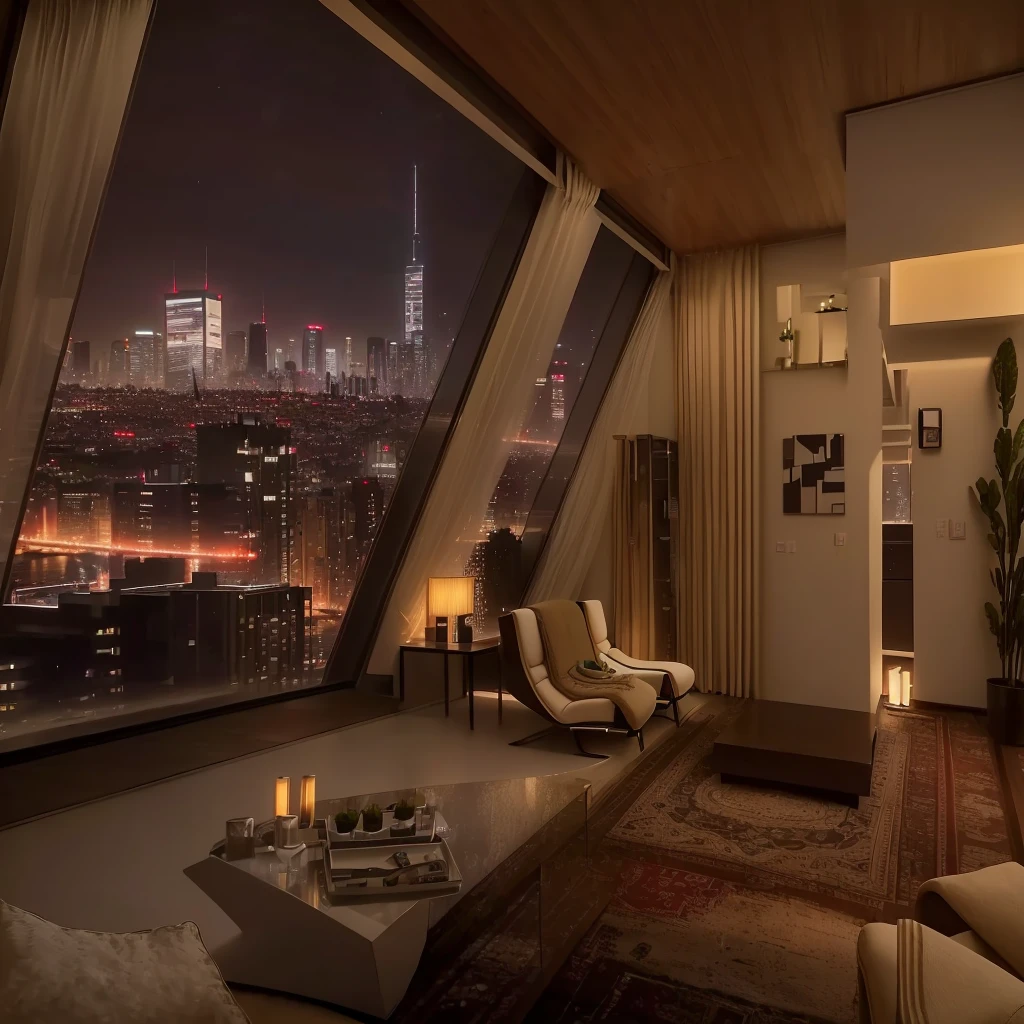 Panoramic view of the living room，Large windows overlooking the city, Relaxation time. Nice scenery, Luxurious environment, Comfortable place, Comfortable atmosphere, Luxury Apartment, bladerunner apartment, Cyberpunk bedroom at night, comfortable environment, Comfortable room, comfortable environment, Comfortable atmosphere, rooftop romantic, City Apartments, Comfortable and calm, Beautiful view, Epic views, beautiful scenery