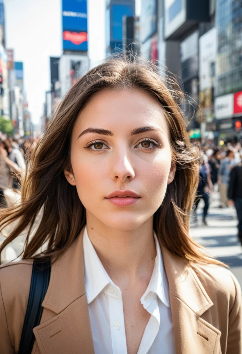 beautiful brunette, shoulder length wavy brown hair, ((natural eyebrows with some flyaways)), (((dynamic pose, walking confidently, look ahead))). from front view (((on a busy Tokyo street, Shibuya Crossing))). highy detailed, 20 year, ((eyes browns)). (((Nose with straight back, slightly rounded tip, harmonious proportion with the face, symmetrical and refined nostrils))). ((Medium, well-defined lips, soft cupid&#39;s bow, natural redness around the edges, smooth texture with visible hydration)). high resolution, work of art. Pele realista Fitzpatrick IV, texture of "Orange peel" subtle on the cheeks, discrete nevus of Ota. ((Wearing an elegant trench coat over a silk blouse)). excellent quality, extremely detaild, sharp focus, ((tyro Fujifilm X-T4, 23mm f/1.4)), Classic Chrome color vision. natural body, fotorrealism, fot (film grain) medium shot for filming (((urban night lighting with colorful neons reflecting on the skin))) Em primeiro plano