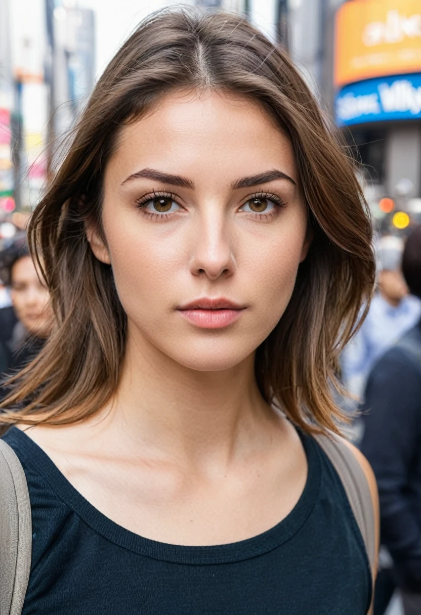 beautiful brunette, shoulder length wavy brown hair, ((natural eyebrows with some flyaways)), (((dynamic pose, walking confidently, look ahead))). from front view (((on a busy Tokyo street, Shibuya Crossing))). highy detailed, 20 year, ((eyes browns)). (((Nose with straight back, slightly rounded tip, harmonious proportion with the face, symmetrical and refined nostrils))). ((Medium, well-defined lips, soft cupid's bow, natural redness around the edges, smooth texture with visible hydration)). high resolution, work of art. Pele realista Fitzpatrick IV, texture of "Orange peel" subtle on the cheeks, discrete nevus of Ota. ((Wearing an elegant trench coat over a silk blouse)). excellent quality, extremely detaild, sharp focus, ((tyro Fujifilm X-T4, 23mm f/1.4)), Classic Chrome color vision. natural body, fotorrealism, fot (film grain) medium shot for filming (((urban night lighting with colorful neons reflecting on the skin))) Em primeiro plano