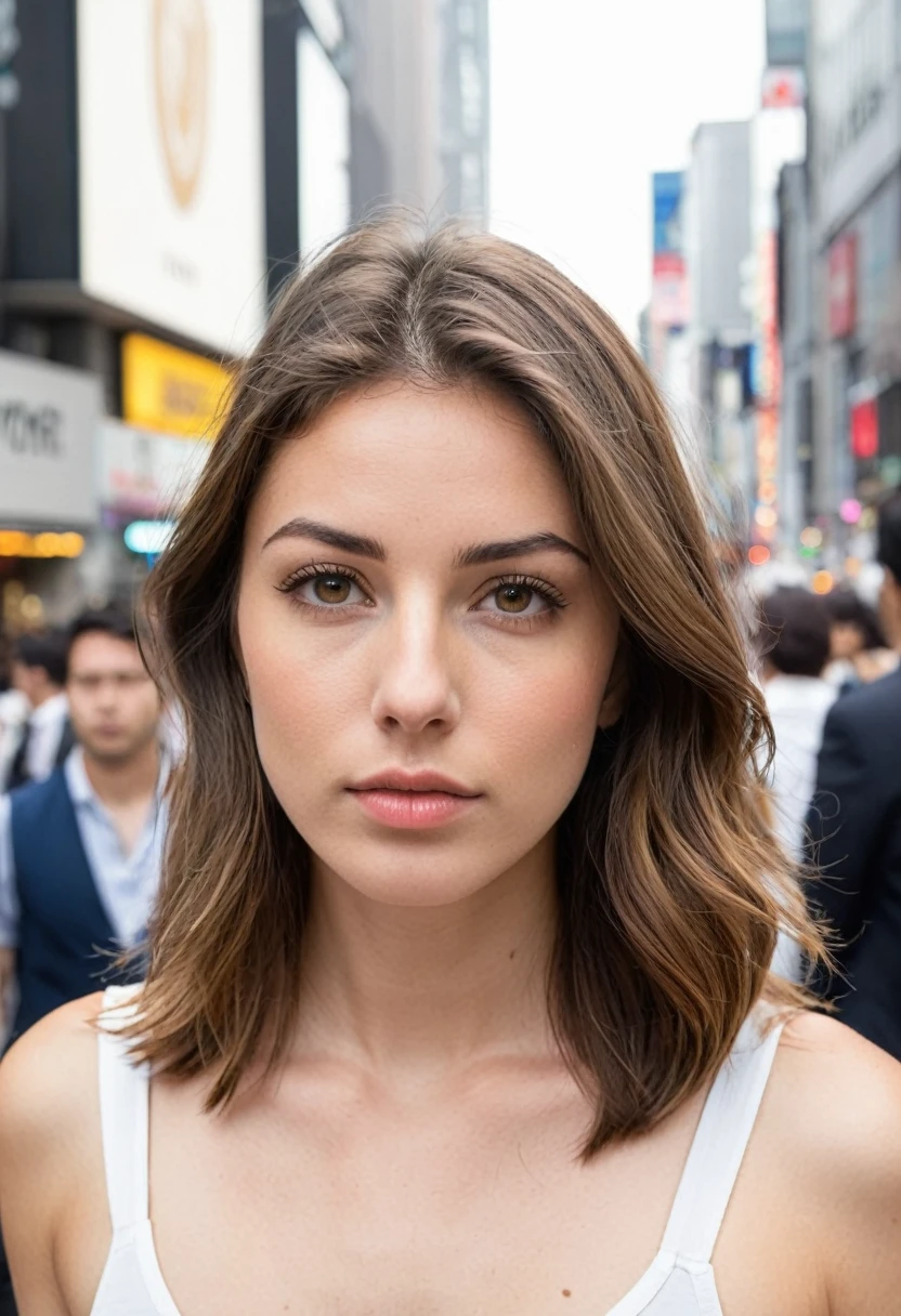 beautiful brunette, shoulder length wavy brown hair, ((natural eyebrows with some flyaways)), (((dynamic pose, walking confidently, look ahead))). from front view (((on a busy Tokyo street, Shibuya Crossing))). highy detailed, 20 year, ((eyes browns)). (((Nose with straight back, slightly rounded tip, harmonious proportion with the face, symmetrical and refined nostrils))). ((Medium, well-defined lips, soft cupid's bow, natural redness around the edges, smooth texture with visible hydration)). high resolution, work of art. Pele realista Fitzpatrick IV, texture of "Orange peel" subtle on the cheeks, discrete nevus of Ota. ((Wearing an elegant trench coat over a silk blouse)). excellent quality, extremely detaild, sharp focus, ((tyro Fujifilm X-T4, 23mm f/1.4)), Classic Chrome color vision. natural body, fotorrealism, fot (film grain) medium shot for filming (((urban night lighting with colorful neons reflecting on the skin))) Em primeiro plano