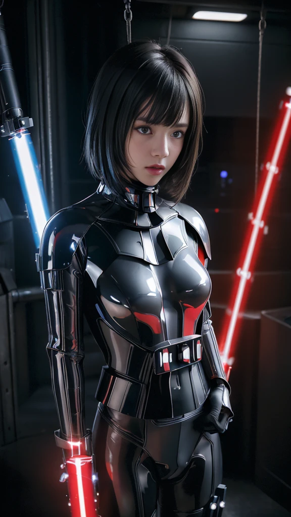 (Highest Quality:1.4),One girl,Short hair,15 years old,Alone,Split,Gantz Shimodaira Rei,Turtleneck,Pixelated background,Neon lights,Sci-fi Warm plot,Vivid colors,Bright lights,Dynamic lights,Metallic texture,Detailed shading,Holographic interface,Dark atmosphere,High contrast,Sharp focus,Twigs of hair,Reflective surfaces,Elaborate details,High resolution,Dramatic lighting,Studio lighting,Red accents,Illuminated surroundings,Artificial intelligence assistant, (Small breasts:1.4),Nipples showing,(Lightsaber swing:1.3)