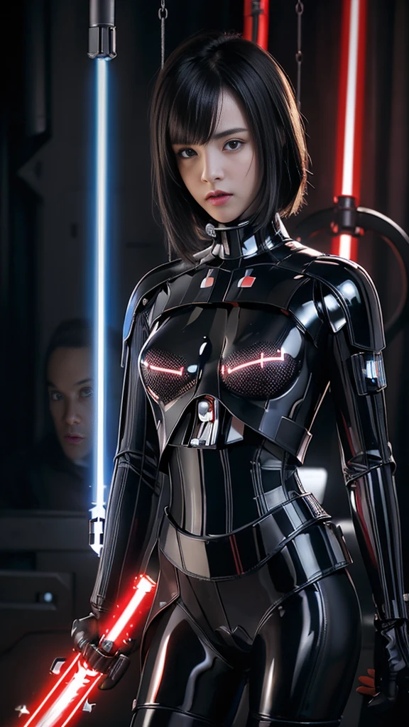 (Highest Quality:1.4),One girl,Short hair,15 years old,Alone,Split,Gantz Shimodaira Rei,Turtleneck,Pixelated background,Neon lights,Sci-fi Warm plot,Vivid colors,Bright lights,Dynamic lights,Metallic texture,Detailed shading,Holographic interface,Dark atmosphere,High contrast,Sharp focus,Twigs of hair,Reflective surfaces,Elaborate details,High resolution,Dramatic lighting,Studio lighting,Red accents,Illuminated surroundings,Artificial intelligence assistant, (Small breasts:1.4),Nipples showing,(Lightsaber swing:1.3)