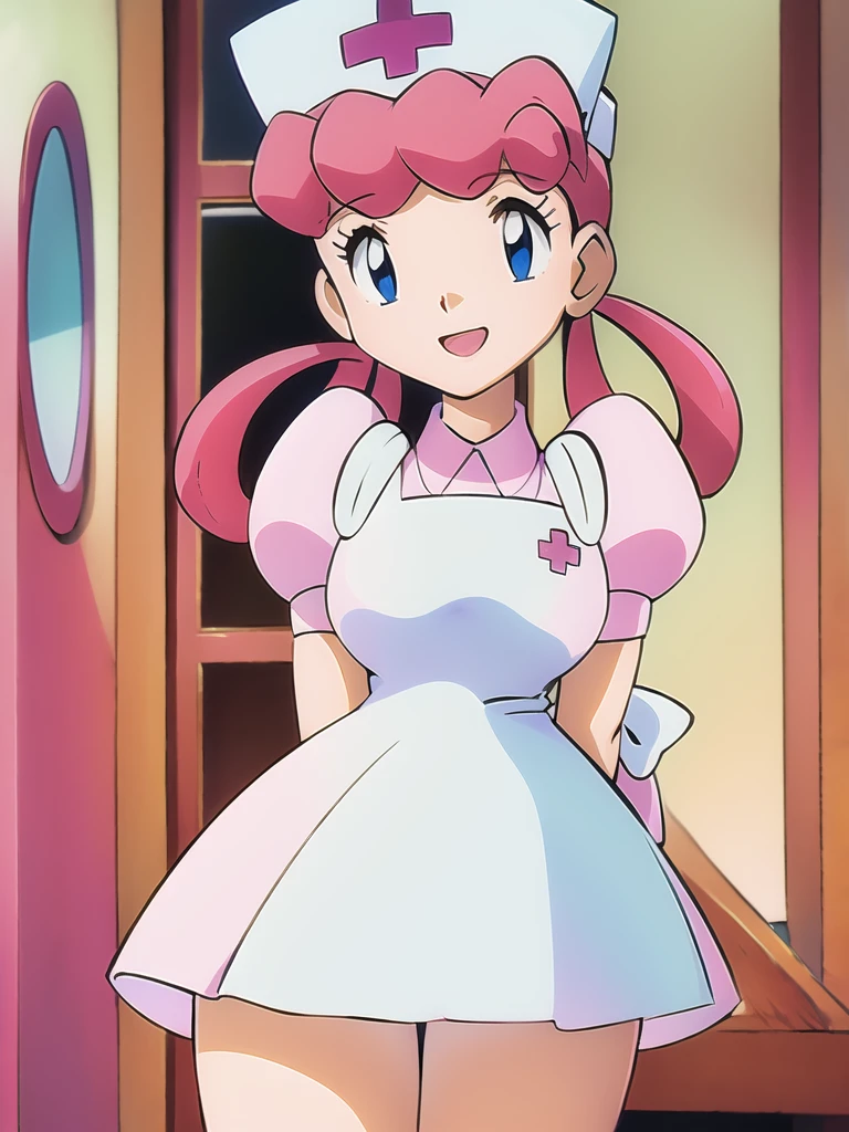 Nurse Joy, pink hair, rolled bangs, looped low twintails, blue eyes, nurse cap, pink shirt, puffy sleeves, pink skirt, white apron, white back ribbon,