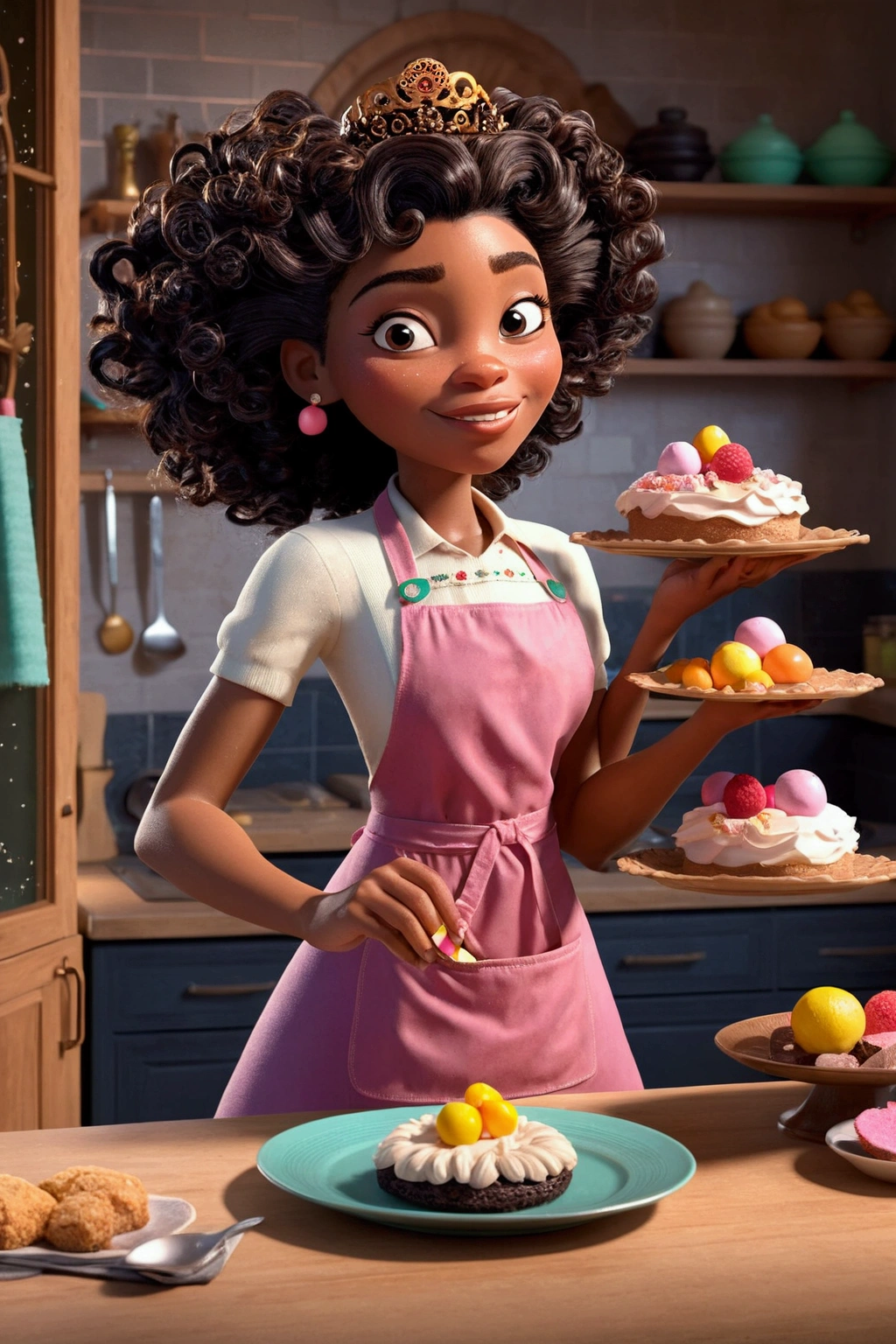 ((best qualityer)), ((work of art)), (detailded), image of a black baker with curly, voluminous hair, inspired by the princess Tiana style with a pink apron. She should be in a vibrant and welcoming kitchen, surrounded by cakes, colorful sweets and ingredients. The focus should be on her confident pose for the camera and her elegant pink apron, while she prepares a delicious dessert. The atmosphere must convey joy and creativity.