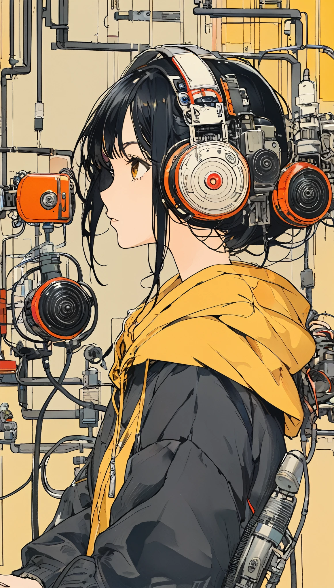 The Style of Kawanabe Kyosai、Black Hair、woman、Yellow hoodie、Black Hair、profile、Headphones、Shortcuts