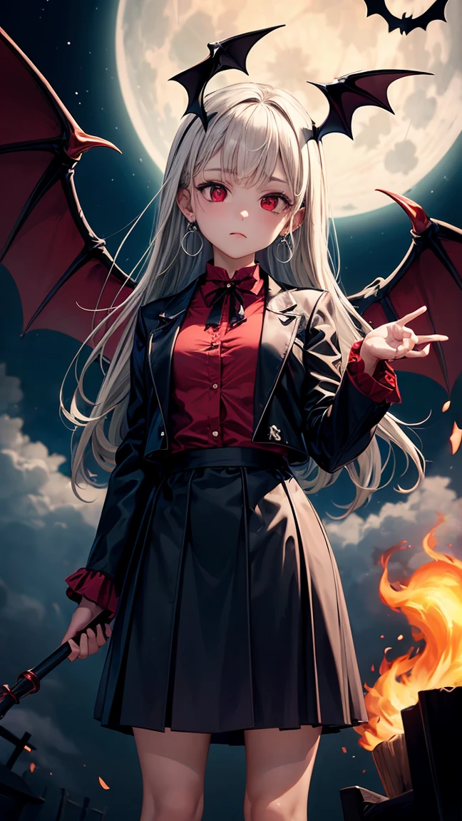 (Highest quality,Very detailed,High resolution:1.2),One Girl,Gray Hair,The most beautiful girl in human history,Owns a gigantic kiln twice his height,暗い red eyes (暗いred eyes:1.1),暗い aura(aura:1.1),(mysterious,Ghostly:1.1) atmosphere,Looks like half a demon,(Demonic traits,Devilish Features),(Elaborate,Brilliant) Cross shaped earrings,Small Ass,Gothic ta style clothing,Black Stockings,Long skirt,Red Shirt,Black long coat,Grim Reaper-like Appearance,Has huge bat-like wings,A big full moon shines in the dark night sky