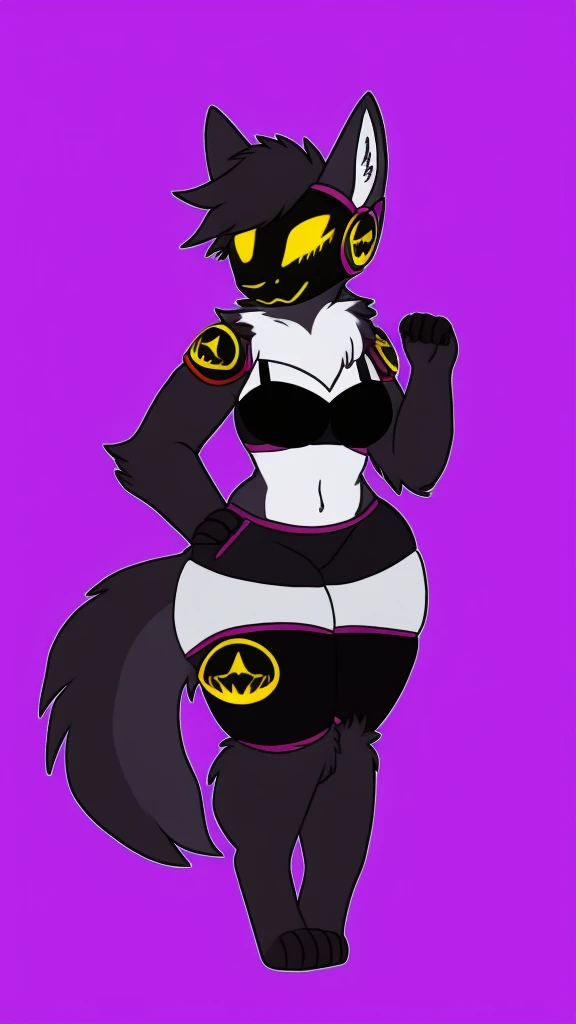 Furry wolf protogen female anthropomorphic mediumbreast size wearing a black bra and black shorts long wolf tail full body 