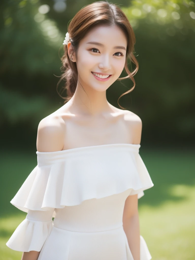 Female model, body not facing camera, only eyes looking at camera, relaxed confident smile, elegant posture, white off-shoulder or low neckline summer outfit, natural hand position