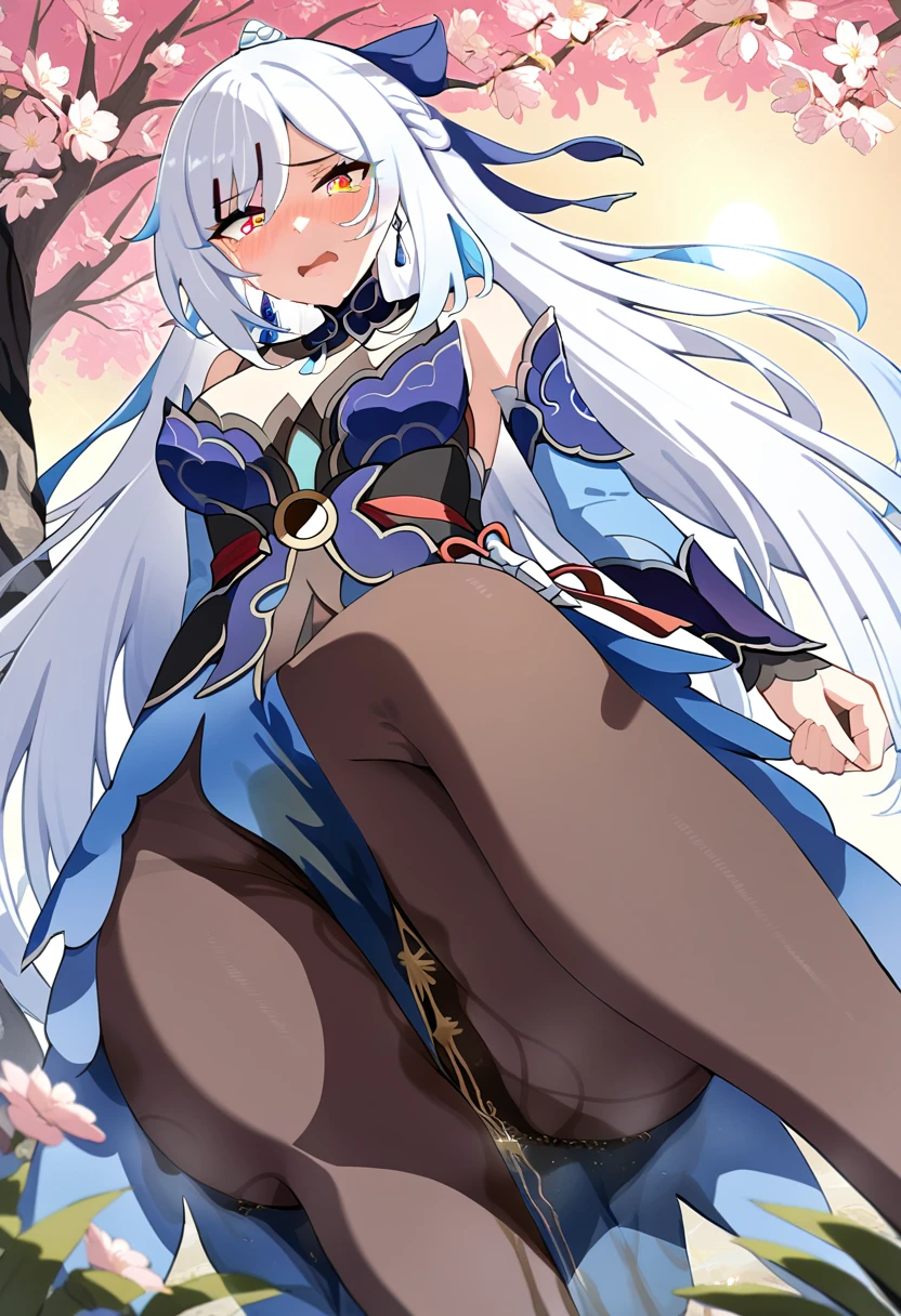 (masterpiece:1.37), best quality, (extremely detailed:1.37), (1girl:1.5), woman, (mature:1.5), (adult:1.5), jingliu, white hair, long hair, ponytail, hair ribbon, red eyes, earrings, jewelry, dress, pantyhose, (pelvic curtain:1.5), (extremely detailed eyes:1.37), (wetting self:2.0), desperation, (standing:1.5), embarrassed, humiliation, blushing, angry, cherry blossoms, garden, (golden hour:1.5), (crossing legs:1.5)