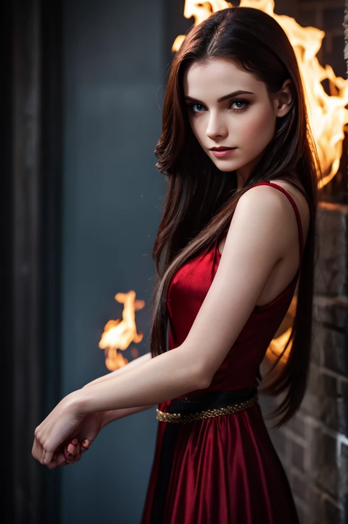 female, beautiful vampire, pale skin, fire eyes, holding her left arm out, blood pouring down from her wrist