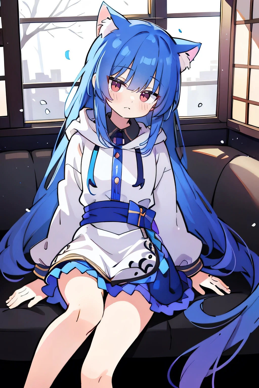 (masterpiece:1.2),Super detailed,lifelike,Expressive eyes,fair skin,perfect face shape,1 girl,
Japanese comics,Gorgeous blue hair,flowing blue hair,flowing clothes,Cat ears,Petals fall,beautiful lola,Baby Angel,
Shaking head with one hand,Cross your legs,Gentle and peaceful background,The pavilion is cool and comfortable,smile, wearing hoodie, In front of the window,snowing