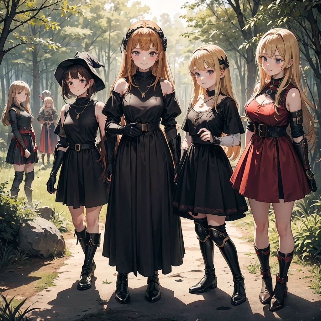 a group of beautiful witch girls in the middle of a forest in the night, tribal tattoo ,multiple girls, five girls, light armor ,elbow pads, knee pads, red and blonde hair , standing girl young girl, gloves, elbow pads, boots, smiles, small breasts, long black dress, necklaces, full body,
