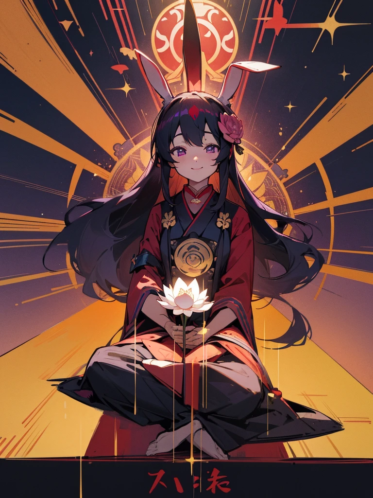 Buddha, rabbit ears, Black long hair, Red Japanese pattern dress, portable shrine, Angel Halo, lotus flower field, purple eyes, smile, Japanese flag
, lotus bouquet, gold screen, paradise, Rose hair ornament.Blue Randoseru
