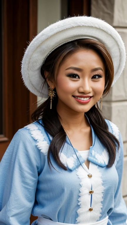 Brenda Song dressed in traditional Finnish clothing with painted lips and smiling