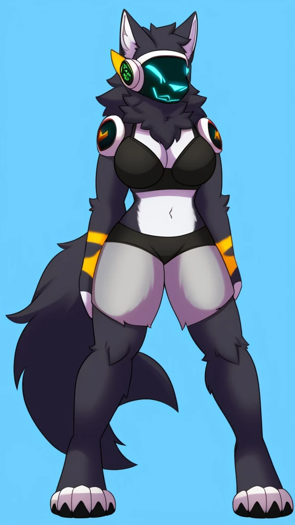 Furry wolf protogen female anthropomorphic mediumbreast size wearing a black bra and black shorts long wolf tail full body 