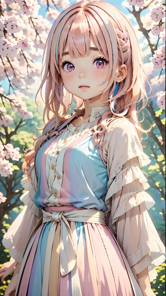 One Girl、12talent、Magical girl、anatomy、French Braid、Anime Style、(((Pink Hair))),(((Bangs up to eyebrows))),(((Align your bangs))),(((Pink eyes))),Small breasts、Cute Face、Cute clothes、Combat Uniform、、(((The background is pastel colored clouds:1.5、rainbow、Blurred Background)))、Highest quality、High resolution、High resolution、Cinema Lighting、Professional Photographer
