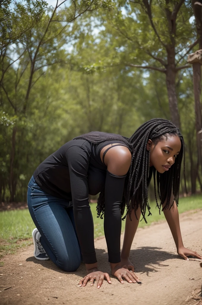 Photo of a black woman kneeling from behind, on all fours showing her vagina.