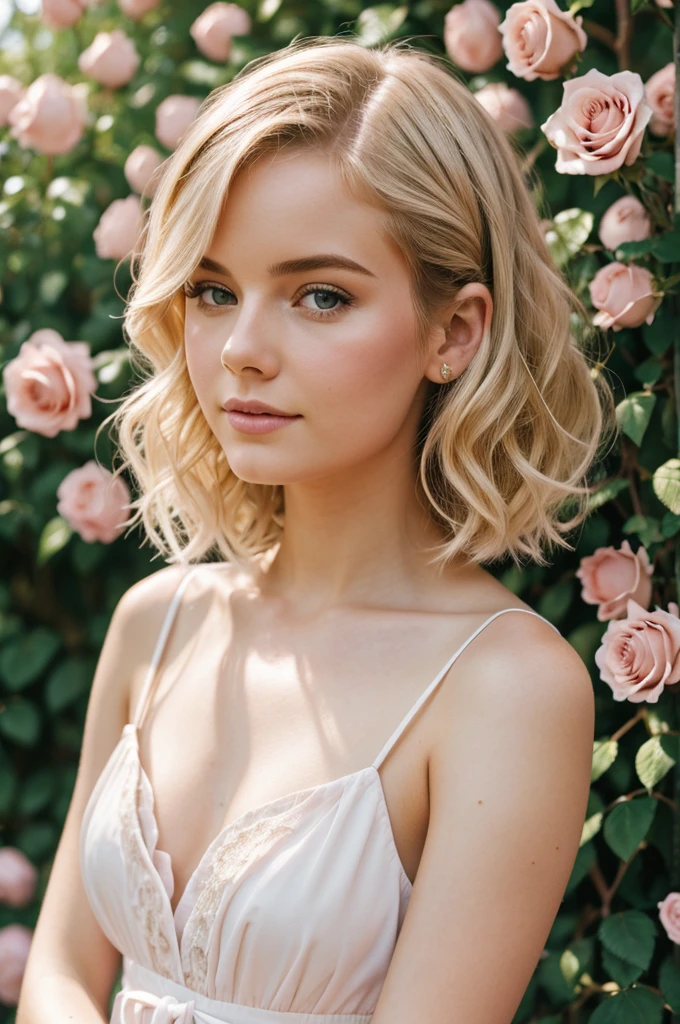 8k, RAW-Foto, Fujifilm, Style photo of a beautiful young woman as Avril in a garden with light pink roses (highly detailed skin: 1.2) Style-Petal BREAK short hair, blonde hair with colored curls, wearing a dress, Film granulation, 35mm, cute style