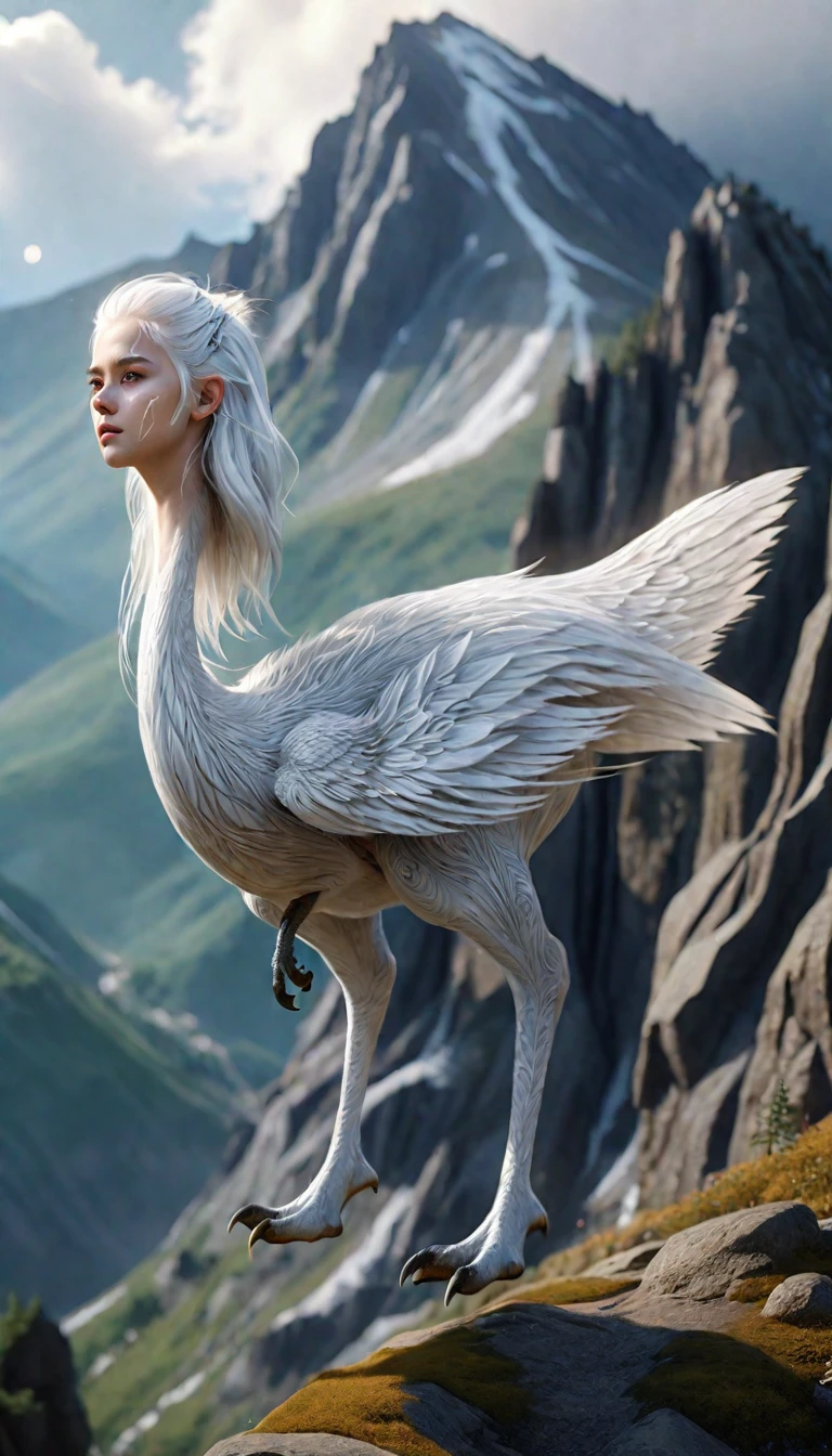 There is a creature on the mountain，human face，White hair，three legs（best quality，4K，8k，High level，masterpiece：1.2），Ultra Detailed，（lifelike，Photo real，Photo real：1.37），Highly detailed animals，Complex patterns，Realistic lighting，Fantasy Creatures