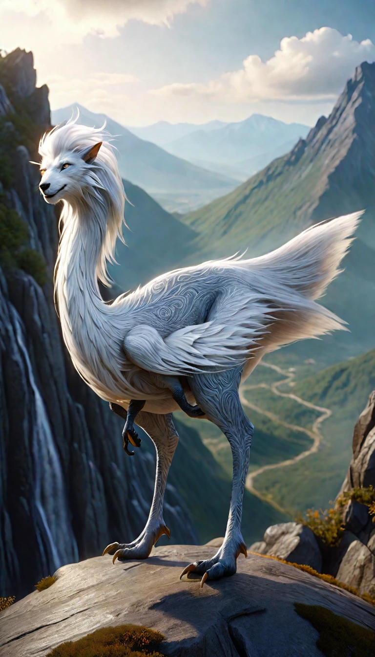 There is a creature on the mountain,human face,White hair,three legs(best quality,4K,8k,High level,masterpiece:1.2),Ultra Detailed,(lifelike,Photo real,Photo real:1.37),Highly detailed animals,Complex patterns,Realistic lighting,Fantasy Creatures